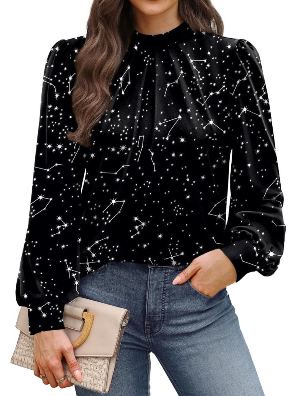 👗 Women's Black Star Print Long Sleeve Shirt Pleated Front Blouse Mock Neck Top